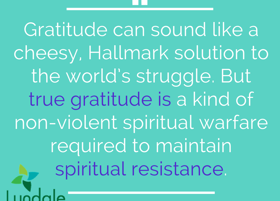 "Gratitude can sound like a cheesy, Hallmark solution to the world's struggle. But true gratitude is a kind of nonviolent spiritual warfare required to maintain spiritual resistance." - Rev. Ashley Harness