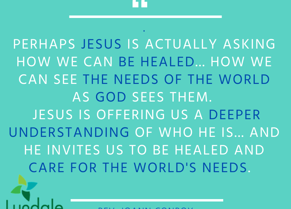 "Perhaps Jesus is actually asking how we can be healed.. how we can see the needs of the world as God sees them. Jesus is offering us a deeper understanding of who he is... and he invites us to be healed and care for the world's needs." - Rev. Joann Conroy