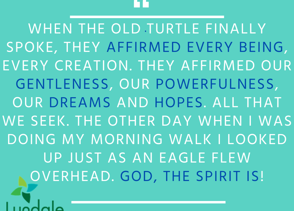 "When the old turtle finally spoke, they affirmed every being, every creation, they affirmed our gentleness, our powerfulness, our dreams and hopes, all that we seek. The other day when I was doing my morning walk I looked up just as an eagle flew overhead. God, the Spirit is!" - Kathy Hayden