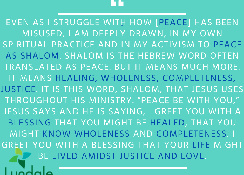 "Even as I struggle with how peace has been misused, I am deeply drawn, in my own spiritual practice and in my activism to peace as shalom. Shalom is the Hebrew word often translated as peace. But it means much more. It means healing, wholeness, completeness, justice. It is this word, shalom, that Jesus uses throughout his ministry. "Peace be with you," Jesus says and he is saying, I greet you with a blessing that you might be healed, that you might know wholeness and completeness. I greet you with a blessing that your life might be lived amidst justice and love." - Rev. Dr. Rebecca Voelkel